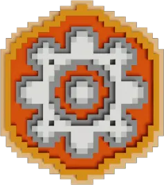 A pixelated badge that resembles a cog