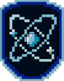 A pixelated badge that resembles a nucleus with electrons spinning around it