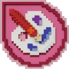 A pixelated badge that resembles a paint brush and a pink palette board