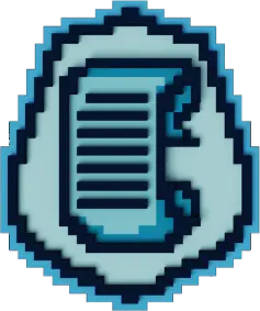 A pixelated badge that resembles an anceint scroll with some script written upon it